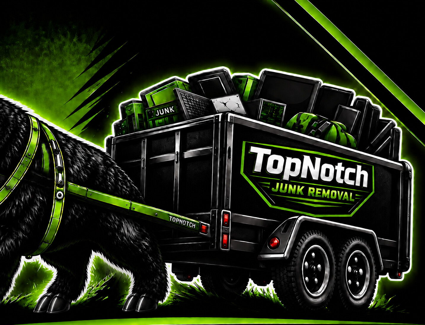 TopNotch Junk Removal artwork featuring a black bison pulling a branded junk trailer loaded with household items